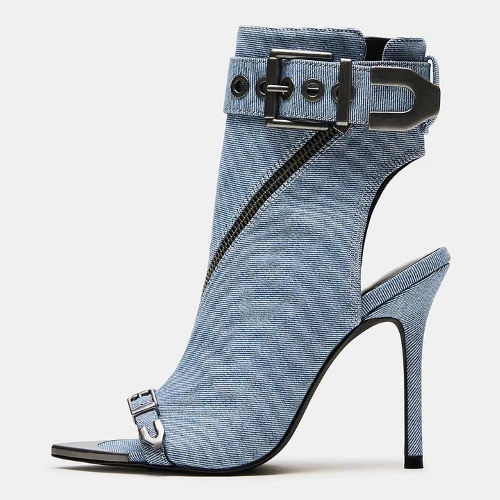 Steve Madden Denim Pointed Stiletto Zipper Peep Toe Ankle Buckle Boots Size 11 - Picture 13 of 14